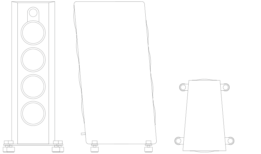 Marten Parker Quintet Front, side and plan technical drawing